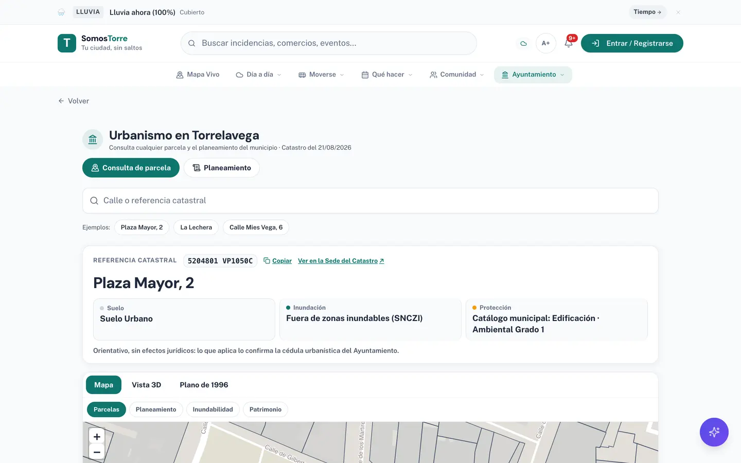 Consulta de parcela en SomosTorre: la parcela de Plaza Mayor, 2 en Torrelavega, con su referencia catastral, clase de suelo, inundabilidad y patrimonio protegido.